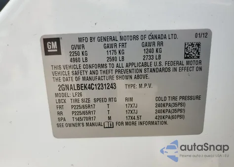 2012 Chevrolet Equinox Ls из США, поврежденный, VIN 2GNALBEK4C1231243